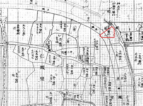 일제강점기 지적도. 빨간색 부분이 조사대상지[한국문화재재단 제공. 재판매 및 DB 금지]