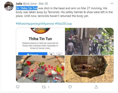 "티하 틴 툰이 총에 맞아 숨진 자리에 남은 헬멧과 신발"[트위터 @juli_isme·재판매 및 DB 금지]