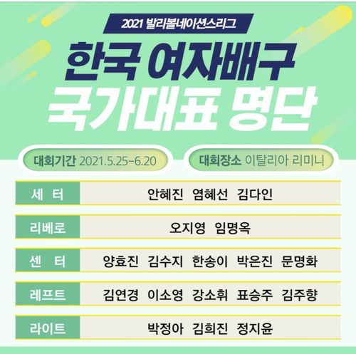 VNL에 출전하는 한국여자배구대표팀 명단[대한배구협회 인스타그램 캡처. 재판매 및 DB금지]