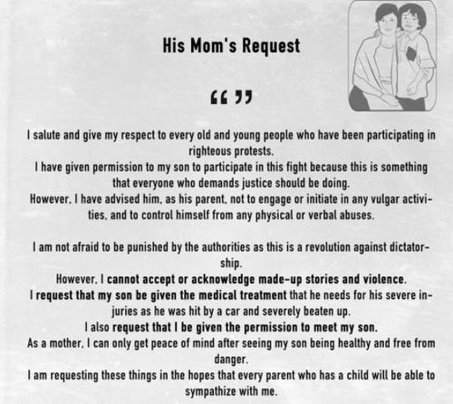 웨이 모 나잉 어머니 "아들에 적정한 치료 제공하라"[트위터 @peacerunning·재판매 및 DB 금지]