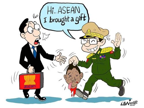 아세안 정상회의 참석 예정인 민 아웅 흘라잉 최고사령관의 학살행위를 고발한 만평[트위터 캡처. 재판매 및 DB 금지]