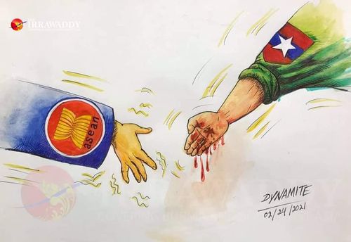 아세안이 논의 대상으로 삼은 미얀마 군부의 학살행위를 고발한 만평[이라와디 캡처. 재판매 및 DB 금지]