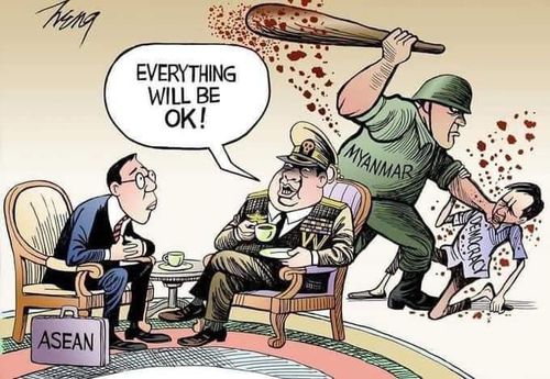 아세안 정상회의 참석 예정인 민 아웅 흘라잉 최고사령관의 학살행위를 고발한 만평[트위터 캡처. 재판매 및 DB 금지]