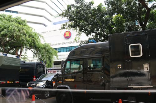 아세안 사무국 청사 접근 원천 봉쇄(자카르타=연합뉴스) 성혜미 특파원 = 미얀마 사태 논의를 위한 아세안 사무국 청사. 2021.4.24 noanoa@yna.co.kr