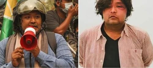 반 군부 시위를 이끄는 웨이 모 나잉과 체포 후 그의 모습.[이라와디 사이트 캡처. 재판매 및 DB 금지]