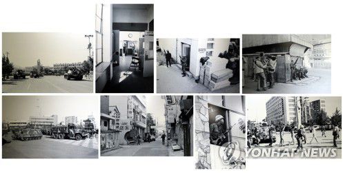 외신기자가 기록한 5·18 최후의 항전 직후(광주=연합뉴스) 6일 오후 광주 동구 옛 전남도청 별관에서 노먼 소프 5·18 기록사진 기증자료 특별전 언론공개행사가 열렸다. 전시는 노먼 소프가 아시아 월스트리트저널 서울지국 소속 기자로 1980년 5월 23일부터 27일까지 광주 현장에서 촬영한 사진, 당시 출입증과 카메라 등을 공개한다. 사진은 노먼 소프가 기록한 27일 오전 전남도청 안팎의 모습. 2021.5.6 [문화체육관광부 옛전남도청복원추진단 제공. 재판매 및 DB 금지] hs@yna.co.kr