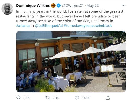 미국프로농구(NBA)의 전설적 선수인 도미니크 윌킨스가 22일 흑인이라는 이유로 애틀랜타 고급 식당의 입장을 거부당했다고 트위터에서 주장했다. [출처: 도미니크 윌킨스 트위터]
