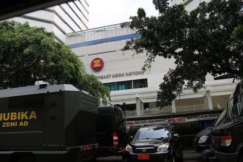 4월24일 특별정상회의 당시 경비가 삼엄했던 아세안 사무국[자카르타=연합뉴스]