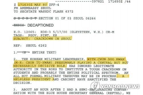 미국 정부가 외교부에 전달한 5·18 민주화운동 관련 외교문서(서울=연합뉴스) 미 국무부가 최근 외교부에 전달한 5·18 민주화운동 관련 외교문서 14건 중 일부. 이번에 공개된 문서를 보면 주한 미국대사관은 "전두환은 군부 실세", "무기력한 대통령" 등으로 표현 또는 기술하기도 했다. 2021.6.2 [외교부 제공. 재판매 및 DB 금지] photo@yna.co.kr