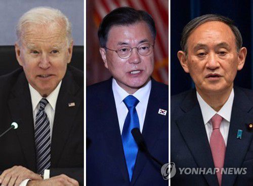 한미일 3국 정상.왼쪽부터 조 바이든 미국 대통령, 문재인 대통령, 스가 요시히데(菅義偉) 일본 총리 [EAP·연합뉴스·AFP]