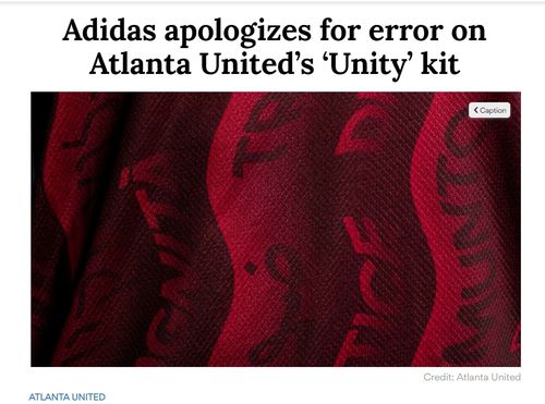 히브리어 잘못 표기한 아디다스 유니폼세계적 스포츠용품 업체 아디다스는 23일 애틀랜타 연고 프로 축구팀인 애틀랜타 유나이티드의 유니폼에 히브리어를 잘못 표기한 데 사과했다. 사진은 유니폼에 11개 국어로 새겨진 평화의 메시지 디자인. 히브리어를 잘못 표기하고 있다. [애틀랜타 저널 컨스티튜션 홈페이지 캡처. 재판매 및 DB 금지]