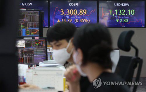 코스피, 3,300선 돌파(서울=연합뉴스) 이지은 기자 = 코스피가 사상 처음 3,300선을 돌파한 25일 오전 서울 중구 하나은행 본점 딜링룸 전광판에 코스피가 표시돼 있다. 2021.6.25 jieunlee@yna.co.kr