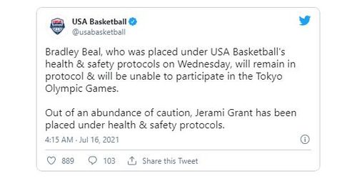 브래들리 빌의 올림픽대표팀 제외 소식을 전한 미국농구협회[미국농구협회 트위터. 재판매 및 DB 금지]