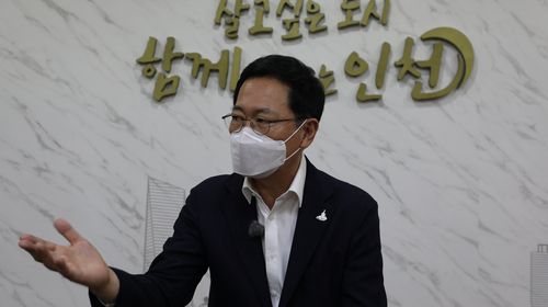 연합뉴스와 인터뷰 중인 박남춘 인천시장[촬영 정유민 인턴기자]
