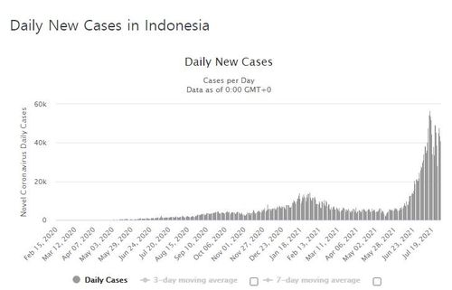 인도네시아의 코로나19 일일 신규 확진자 수 발생 추이. [월드오미터 홈페이지 캡처=연합뉴스. 재판매 및 DB 금지]