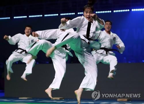 2017 무주 세계태권도 선수권대회서 발차기하는 북한 태권도 시범단[연합뉴스 자료사진]
