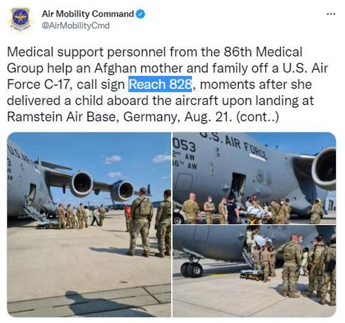 21일 독일의 미공군 기지에 착륙한 수송기서 아기 출산[트위터 @AirMobilityCmd]