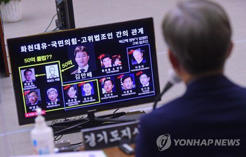 질의받는 이재명 경기도지사(수원=연합뉴스) 더불어민주당 대선 후보인 이재명 경기도지사가 18일 경기도 수원시 경기도청에서 열린 국회 행정안전위원회의 경기도에 대한 국정감사에서 질의를 받고 있다.     한편 '50억 클럽'에 이름이 들어간 법조인들은 언론과의 인터뷰를 통해 사실과 다르다며 법적 조치에 나서겠다는 입장을 이미 밝혔다. 2021.10.18 [국회사진기자단] jeong@yna.co.kr