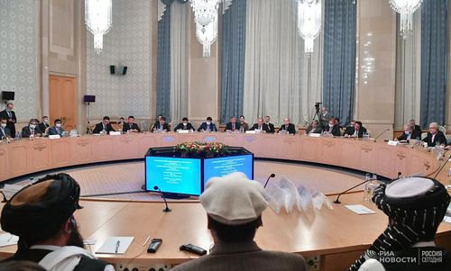 모스크바 아프가니스탄 국제회의 모습(모스크바 리아노보스티=연합뉴스) 20일(현지시간) 모스크바에서 러시아·중국·이란 등 10개국 대표와 탈레반 대표가 참석한 가운데 아프가니스탄 국제회의가 열렸다. 2021.10.20. photo@yna.co.kr