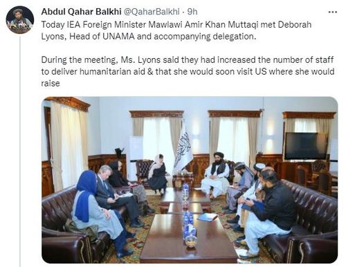 탈레반 임명 외교장관, 유엔아프간지원단(UNAMA) 대표와 회담[아프간 외교부 대변인 트위터 캡처]