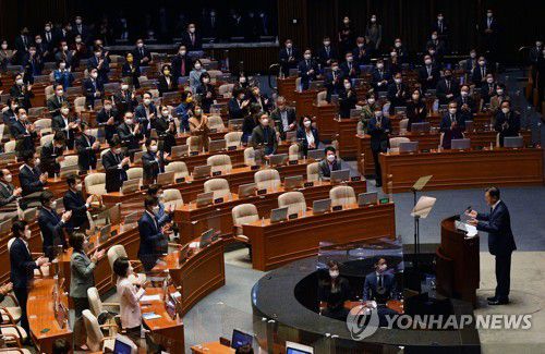 2022년도 예산안 시정연설 하는 문재인 대통령(서울=연합뉴스) 안정원 기자 = 문재인 대통령이 25일 국회 본회의장에서 2022년도 예산안 시정연설을 하고 있다. 2021.10.25 [국회사진기자단] jeong@yna.co.kr