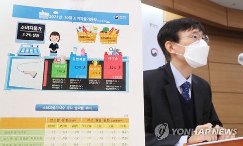 통계청 '10월 소비자물가 전년 같은 달보다 3.2% 상승'(세종=연합뉴스) 김주형 기자 = 어운선 통계청 경제동향통계심의관이 2일 오전 세종시 정부세종청사에서 2021년 10월 소비자물가동향을 발표하고 있다. 2021.11.2 kjhpress@yna.co.kr