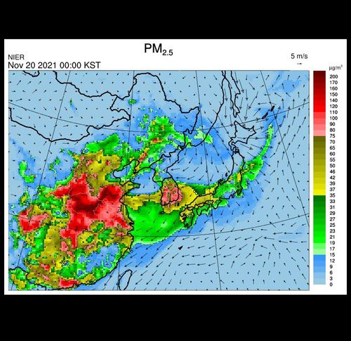 20일 자정 기준 초미세먼지 농도 [국립환경과학원 에어코리아 홈페이지 캡처. 재판매 및 DB 금지]