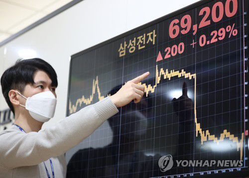 10개월만에 '6만 전자'지난달 13일 오전 서울 종로구 연합인포맥스에 설치된 화면에 주가가 표시되어 있다. [연합뉴스 자료사진]