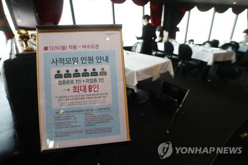 '오늘부터 8명 가능'(대구=연합뉴스) 김현태 기자 = 사적 모임 인원 제한 등 강화된 방역 조치가 시행된 6일 대구 시내 한 음식점 입구에 인원 제한 안내문이 붙어 있다. 2021.12.6 mtkht@yna.co.kr