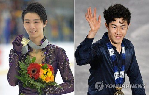 하뉴 유즈루(왼쪽) - 네이선 첸[EPA=연합뉴스]