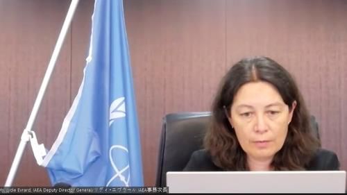 일본 정부의 후쿠시마 제1원전 방사능 오염수(처리수) 방류 계획을 점검하기 위해 작년 9월 방일한 리디 에브라르 국제원자력기구(IAEA) 사무차장의 당시 온라인 기자회견 모습. [연합뉴스 자료사진]