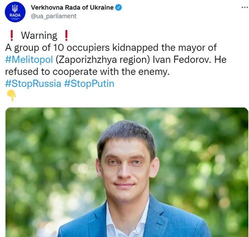 협력을 거부하다 구금된 멜리토폴 시장 이반 페도로프 [우크라이나 의회 트위터 캡처. DB 및 재판매 금지]