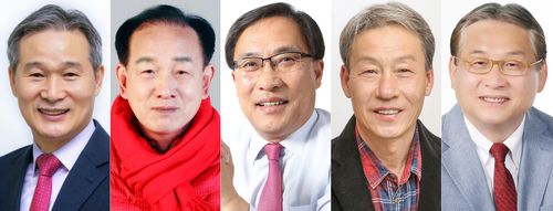 문경시장 예비후보들 (문경=연합뉴스) 왼쪽부터 채홍호, 신현국, 서원, 이응천, 강수돈 예비후보. 2022.4.4 [각 예비후보들 제공. 재판매 및 DB 금지]  mtkht@yna.co.kr (끝)