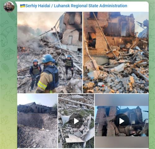 러시아군 폭격으로 파괴된 우크라이나 빌로호리우카 학교[세르히 가이다이 루한스크 주지사 텔레그램 캡처. 재판매 및 DB 금지]