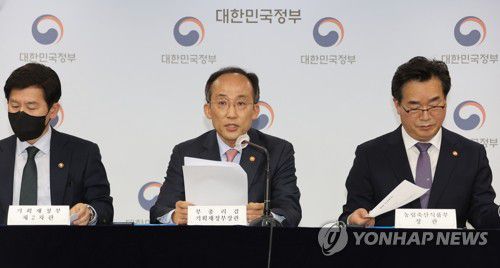 추경호 부총리, 추경 관계장관 합동브리핑(서울=연합뉴스) 김승두 기자 = 추경호 경제부총리 겸 기획재정부 장관(가운데)이 12일 정부서울청사 브리핑실에서 2022년 2차 추가경정예산안 관계장관 합동브리핑을 하고 있다. 2022.5.12 kimsdoo@yna.co.kr