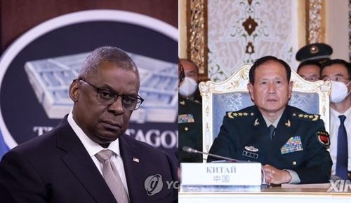 로이드 오스틴 미 국방장관(왼쪽)과 웨이펑허 중국 국방부장(자료사진)[EPA·신화=연합뉴스 자료사진. 재판매 및 DB 금지[