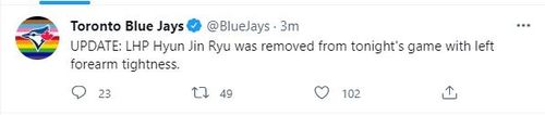류현진의 교체 사유를 전한 토론토 구단 트위터[토론토 블루제이스 트위터 캡처. 재판매 및 DB금지]