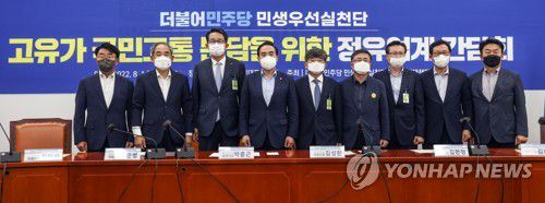 기념촬영하는 정유업계 간담회 참석자들(서울=연합뉴스) 하사헌 기자 = 1일 서울 여의도 국회 더불어민주당 원내대표회의실에서 열린 고유가 국민고통 분담을 위한 정유업계 간담회에서 참석자들이 기념촬영을 하고 있다. 왼쪽부터 김평길 S-Oil 전무, 윤준병 의원, 김창수 GS칼텍스 전무, 박홍근 원내대표, 구창용 SK에너지 부사장, 김성환 정책위의장, 유필동 현대오일뱅크 전무, 김한정 의원, 정동창 대한석유협회 부회장. 2022.8.1 [국회사진기자단] toadboy@yna.co.kr