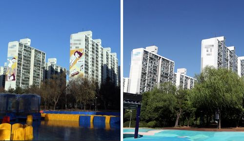 도색으로 지워진 아파트 만화벽화(부천=연합뉴스) 윤태현 기자 = 지난 1일 경기도 부천시 중동 중앙공원 인근 아파트 외벽(오른쪽)에 만화벽화가 지워져 있다. 왼쪽 사진은 2016년 만화벽화가 그려져 있던 당시 아파트 모습. 2022.9.2 [부천시 제공. 재판매 및 DB 금지] tomatoyoon@yna.co.kr (끝)