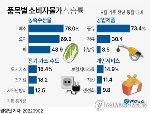 [그래픽] 품목별 소비자물가 상승률(서울=연합뉴스) 원형민 기자 = 2일 통계청이 발표한 '8월 소비자물가동향'에 따르면 지난달 소비자물가지수는 108.62(2020=100)로 작년 같은 달보다 5.7% 상승했다.     농축수산물은 7.0% 올라 전월(7.1%)보다 상승률이 소폭 낮아졌지만, 이 중 농산물은 상승 폭이 10.4%로 전월(8.5%)보다 커졌다. 농산물 상승률은 지난해 6월(11.9%) 이후 최고 수준이다.     circlemin@yna.co.kr     페이스북 tuney.kr/LeYN1 트위터 @yonhap_graphics