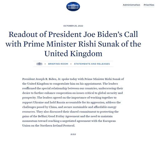 바이든-수낵 통화 내용 공개한 백악관 홈페이지 자료 [백악관 홈페이지 캡처]