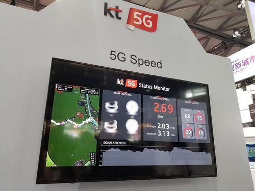 KT가 2018년 남북정상회담 당시 28㎓ 주파수를 활용해 제공한 5G 서비스 안내판[연합뉴스 자료사진]