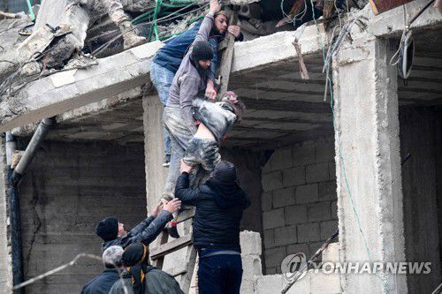 시리아 지진(잔다리스 AFP=연합뉴스) 6일(현지시간) 시리아 북서부 알레포주 아프린 인근 마을인 잔다리스에서 주민들이 사다리에 몸을 의지해 여자 어린이를 구조하고 있다. 2023.02.06 photo@yna.co.kr