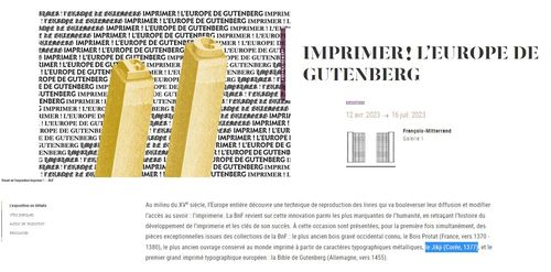 프랑스 국립도서관 누리집 향후 전시 안내 4월 열리는 전시를 설명하면서 '직지' 관련 언급을 한 부분. [누리집 캡처. 재판매 및 DB 금지]