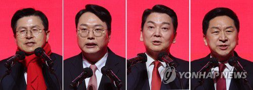 정견발표 하는 국민의힘 당대표 후보(광주=연합뉴스) 이정훈 기자 = 국민의힘 황교안·천하람·안철수·김기현 당대표 후보(왼쪽부터)가 16일 오후 광주 김대중컨벤션센터에서 열린 제3차 전당대회 광주·전북·전남 합동연설회에서 정견 발표를 하고 있다. 2023.2.16 uwg806@yna.co.kr