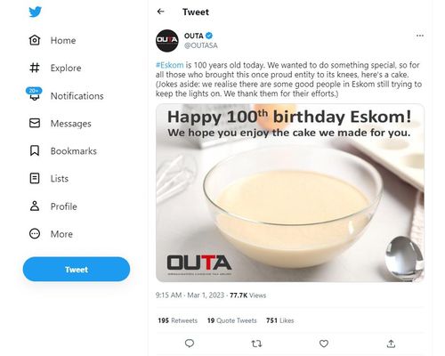 남아공 반부패 시민단체 OUTA의 에스콤 창립 100주년 축하 트윗[OUTA 트위터 캡처, 재판매 및 DB 금지]