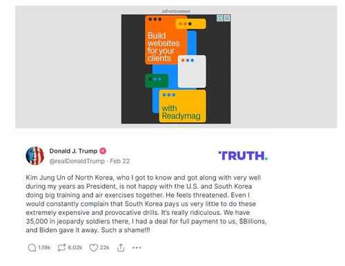 트럼프의 김정은 관련 텍스트 게시물(서울=연합뉴스) 도널드 트럼프 전 미국 대통령이 2023년 2월 21일(현지시간) 트루스소셜에 올린 텍스트 게시물. 트럼프는 이 글에서 김정은 북한 국무위원장과의 친분을 자랑하면서 한미합동훈련을 비판했다. [트루스소셜 게시물 캡처] 2023.3.14. photo@yna.co.kr