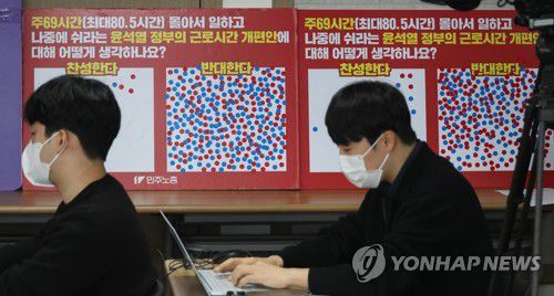 민주노총, 노동시간 개편 반대한다(서울=연합뉴스) 한상균 기자 = 20일 중구 민주노총에 주69시간 근로시간 개편안 찬반 조사판이 놓여 있다. 이날 민주노총은 노동시간 개악 폐기투쟁을 발표했다. 2023.3.20 xyz@yna.co.kr