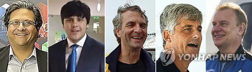 실종 잠수정 타이탄에 탑승한 사람들왼쪽부터 샤자다 다우드, 술레만 다우드, 폴 앙리 나졸레, 스톡턴 러시, 해미쉬 하딩 [AP 연합뉴스 자료사진]