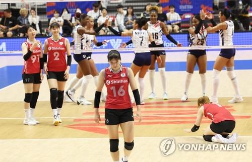 아쉬워하는 한국 선수들6월 29일 경기도 수원 권선구 서수원칠보체육관에서 열린 2023 국제배구연맹(FIVB) 발리볼네이션스리그(VNL) 한국과 도미니카공화국의 경기. 실점한 한국 선수들이 아쉬워하고 있다. [연합뉴스 자료사진]